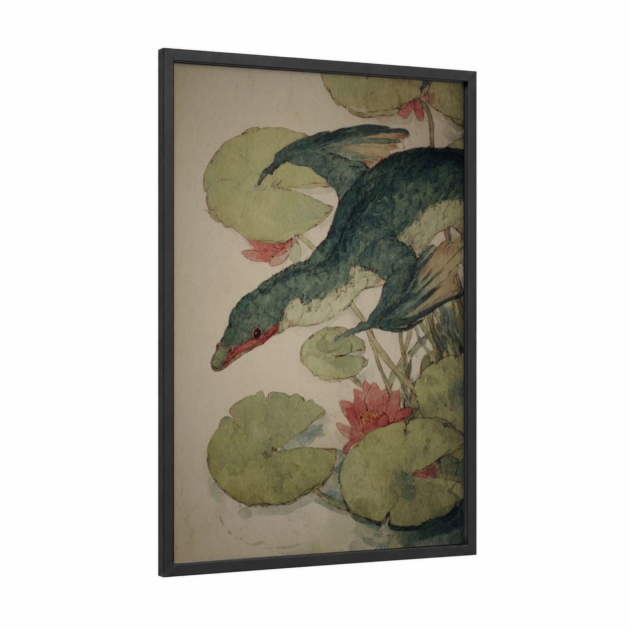 Lotus Loch Monster framed loch ness monster print — black wood frame — light green and dark green palette