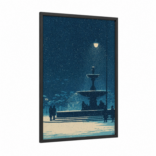 Snowy Fountain Night framed fountains print — black wood frame — dark blue and cream palette