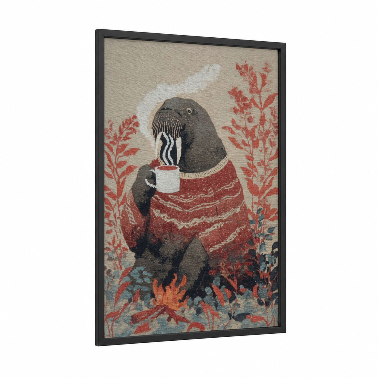 Cozy Walrus framed art print — black wood frame — red and beige palette