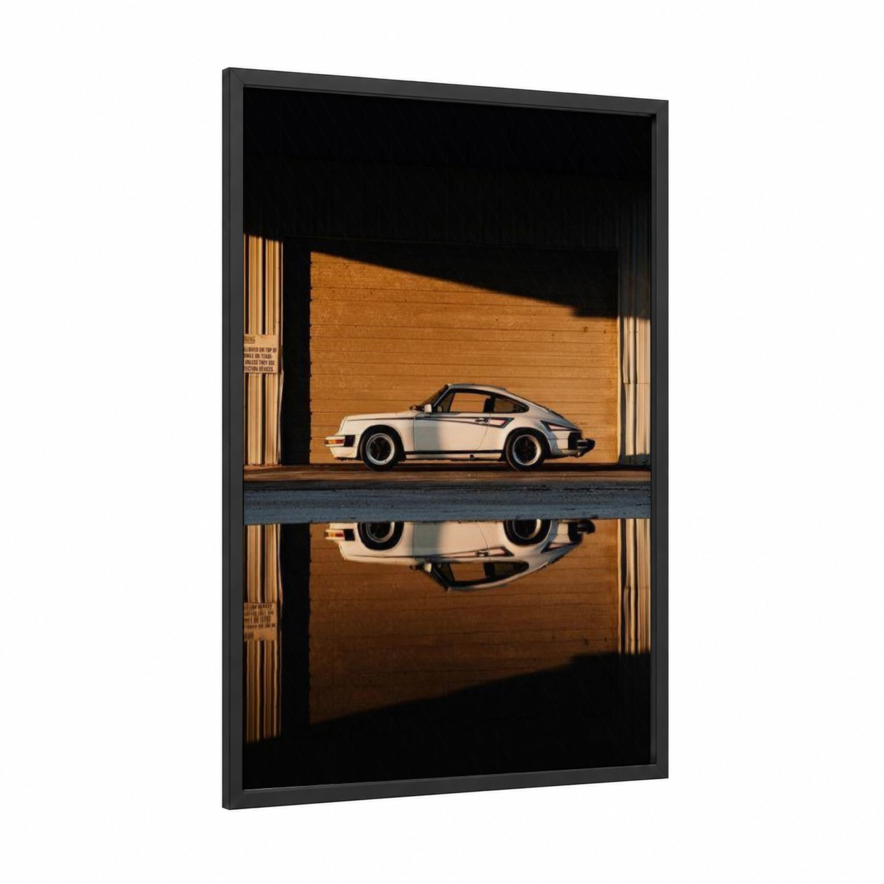 Porsche Reflection framed sports car print — black wood frame — gold and black and white palette