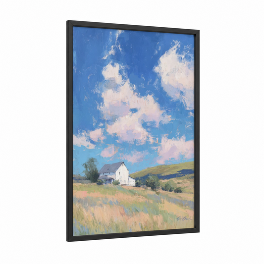 Rural Homestead framed farm print — black wood frame — blue and white palette