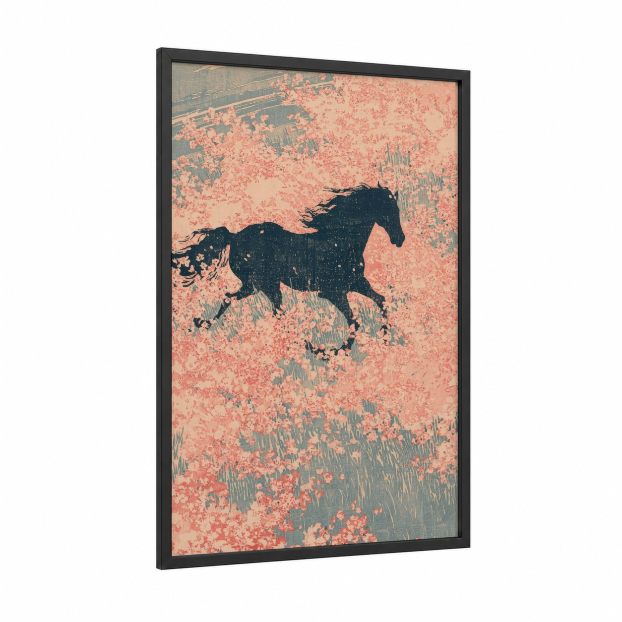 Galloping Horse Sprint framed horse racing print — black wood frame — salmon pink and sage green palette