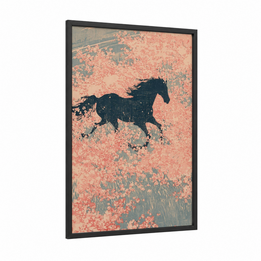 Galloping Horse Sprint framed horse racing print — black wood frame — salmon pink and sage green palette