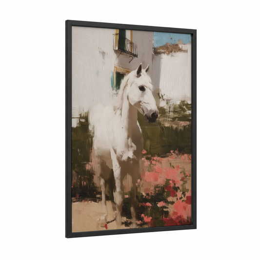 White Andalusian Horse framed art print — black wood frame — white and salmon pink palette