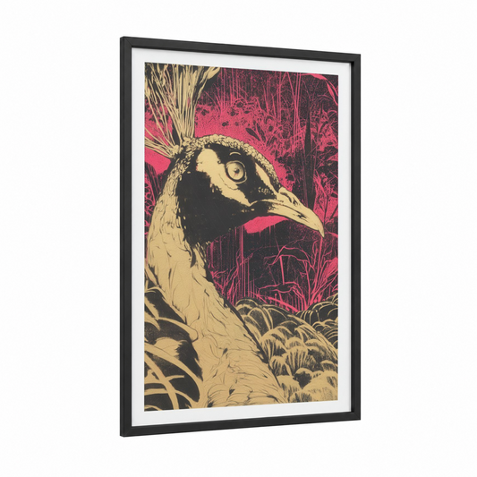 Magenta Peacock framed art print — black wood frame — magenta and gold palette