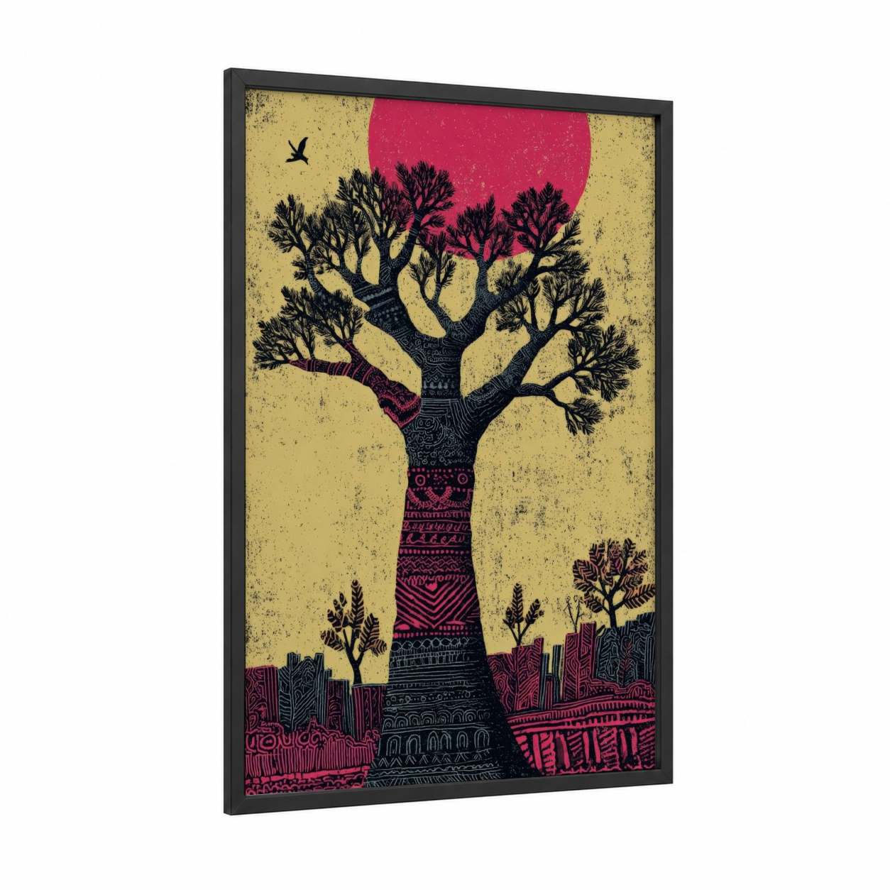 Crimson Baobab framed baobab tree print — black wood frame — gold and magenta palette