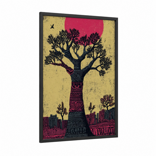 Crimson Baobab framed baobab tree print — black wood frame — gold and magenta palette