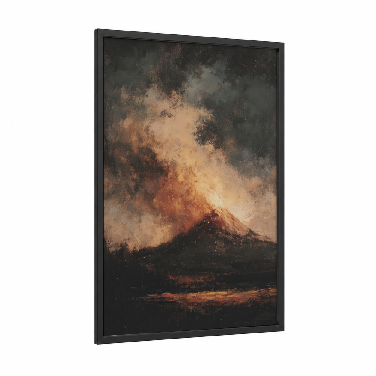 Erupting Volcano framed art print — black wood frame — gold and black palette
