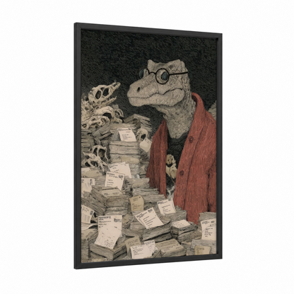 Scholarly Dinosaur framed art print — black wood frame — black and white and russet palette