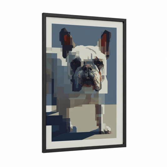 Geometric Bulldog framed art print — black wood frame — bermuda gray and cream palette