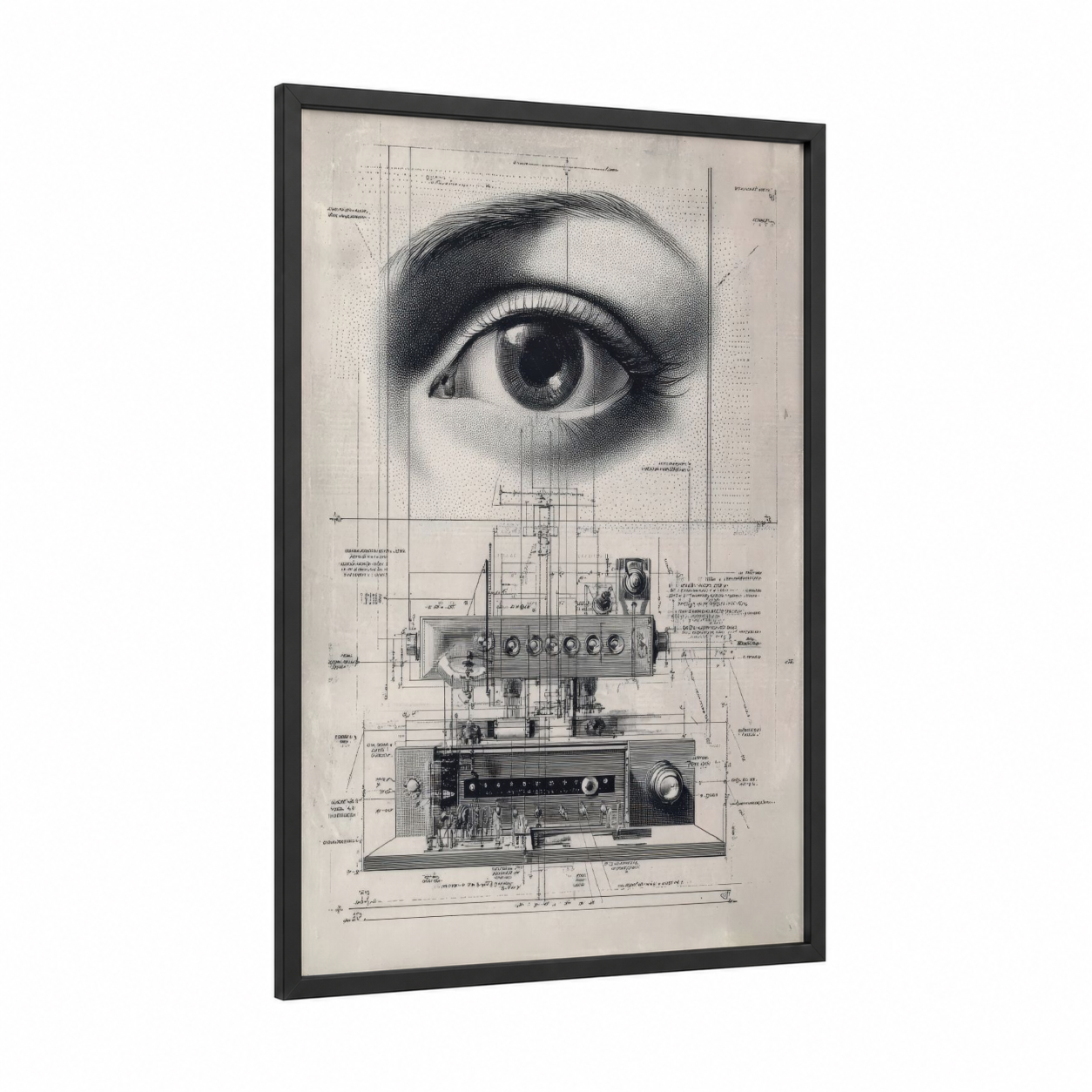 Technical Eye Blueprint framed blueprints print — black wood frame — black and white and gray palette