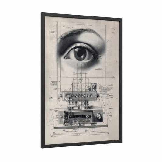 Technical Eye Blueprint framed blueprints print — black wood frame — black and white and gray palette
