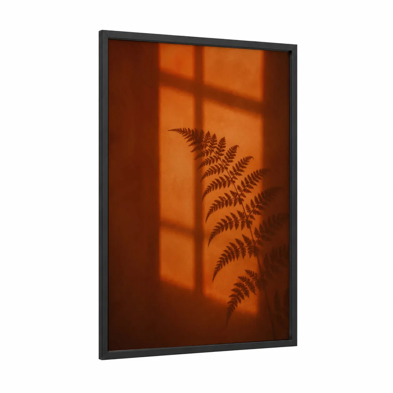 Sunset Fern Shadow Wall Art framed leaf print — black wood frame — orange and espresso palette