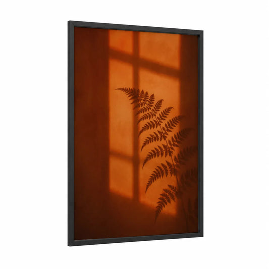 Sunset Fern Shadow Wall Art framed leaf print — black wood frame — orange and espresso palette