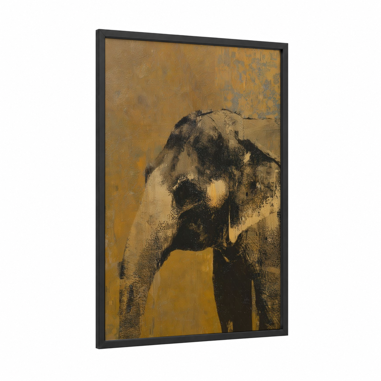 Golden Elephant framed asian elephant print — black wood frame — gold and black and white palette