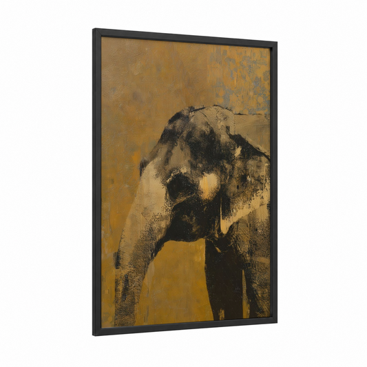 Golden Elephant framed asian elephant print — black wood frame — gold and black and white palette