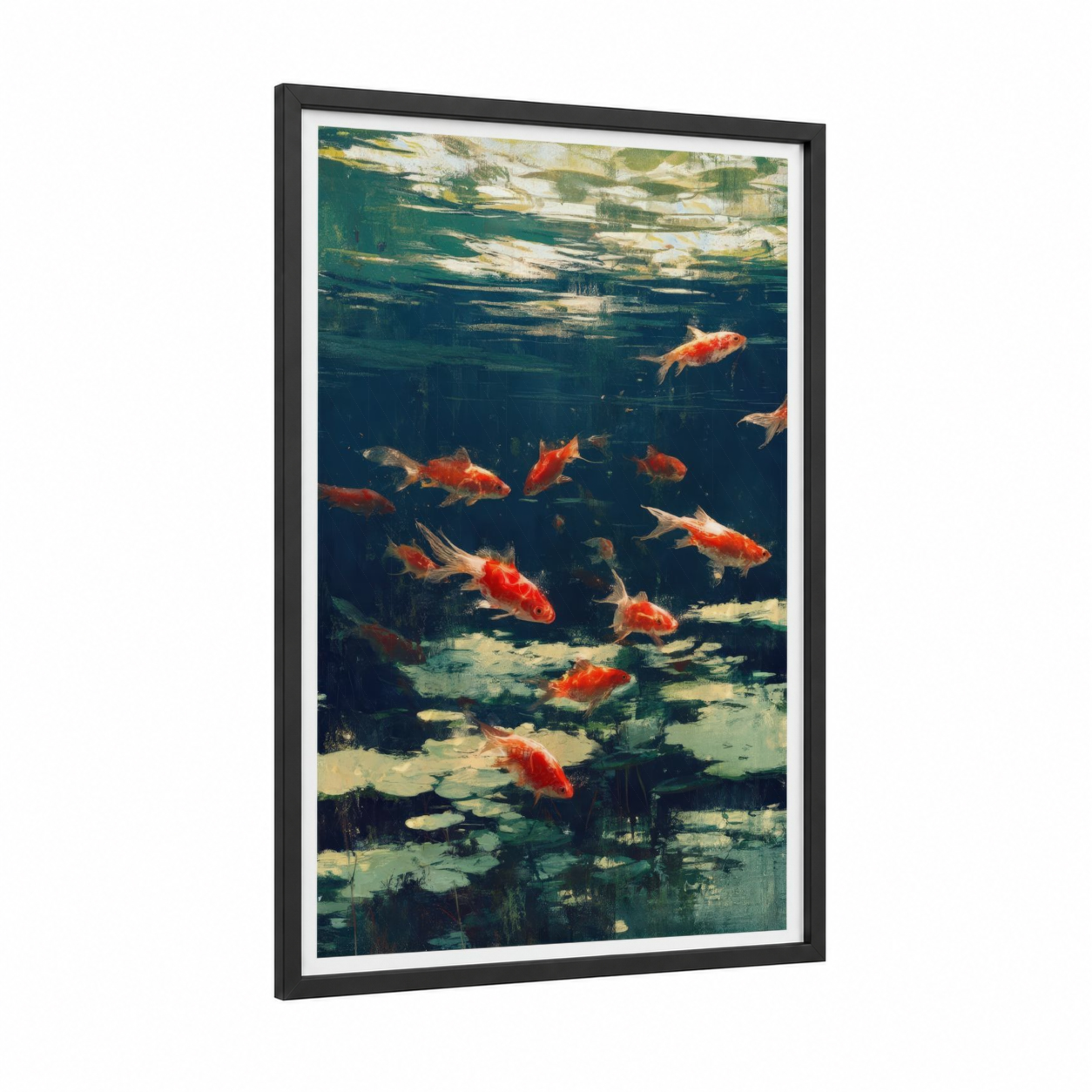 Serene Goldfish School framed art print — black wood frame — teal and gold palette