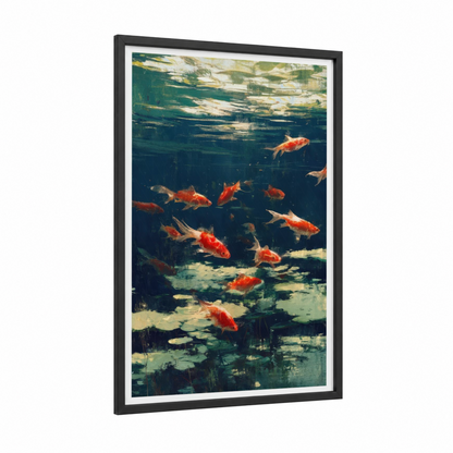 Serene Goldfish School framed art print — black wood frame — teal and gold palette