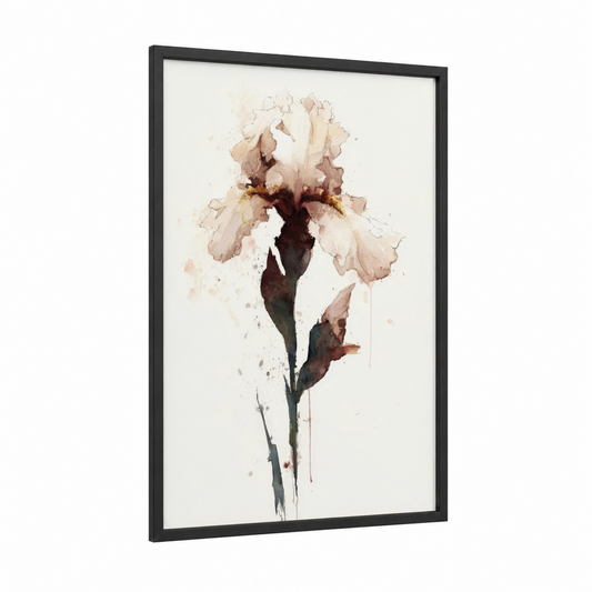 Watercolor Iris framed art print — black wood frame — cream and peach palette