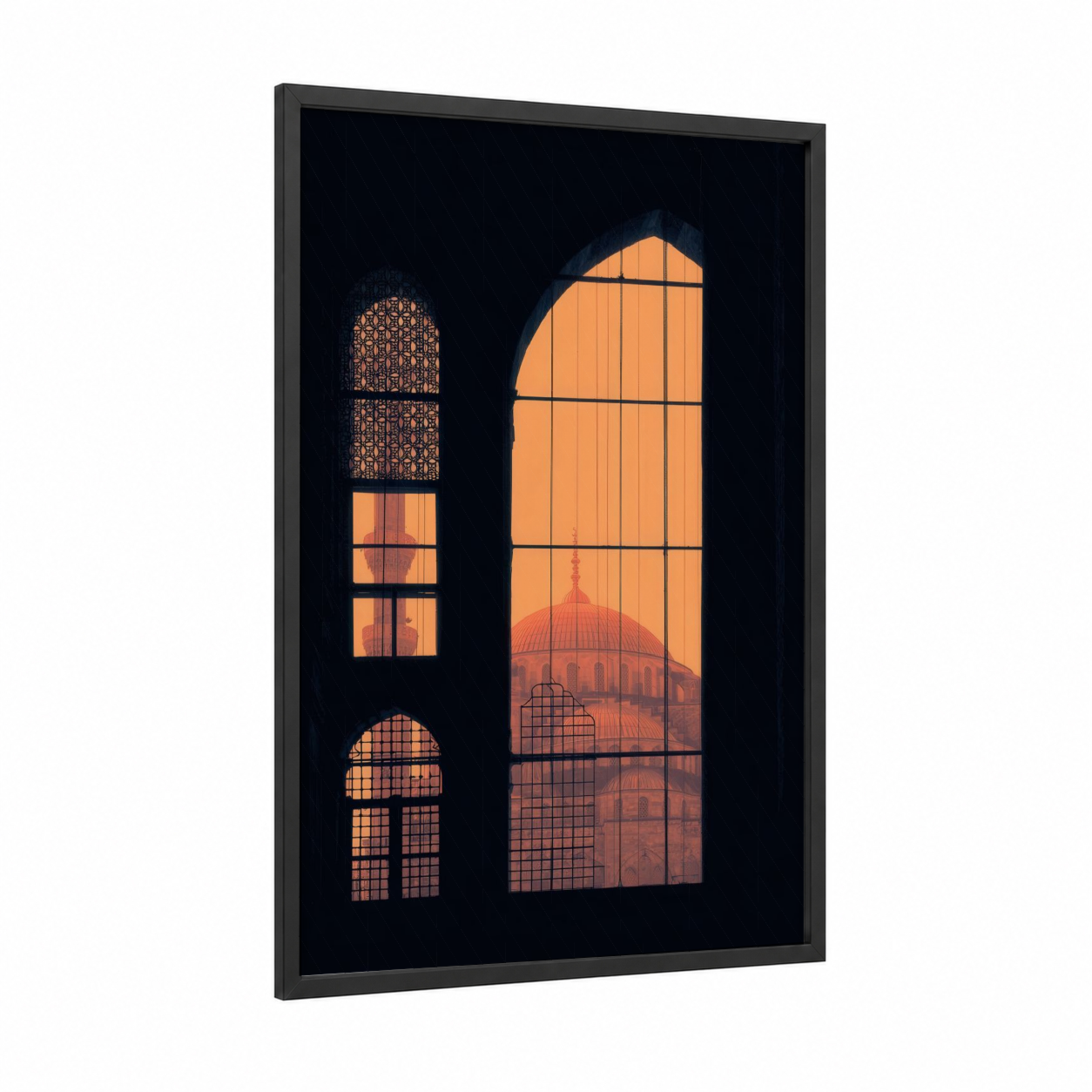 Golden Mosque Glow framed islam print — black wood frame — gold and black palette