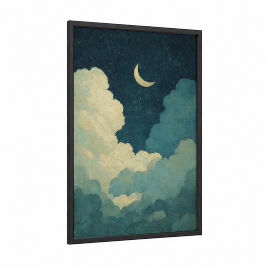 Moonlit Dreams framed fairytale print — black wood frame — dark blue and cream palette