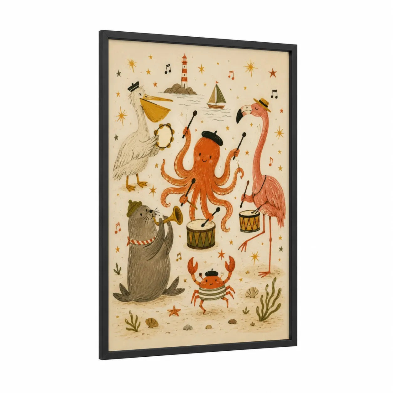 Musical Sea Animals Band Wall Art framed octopus print — black wood frame — peach and cream palette