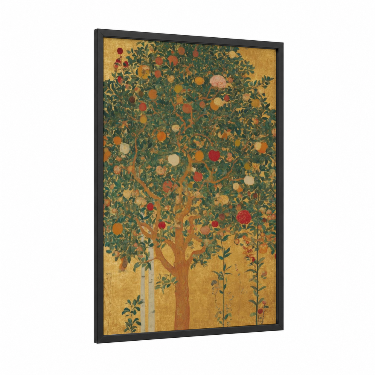 Orchard Abundance Tree framed christian symbols print — black wood frame — gold and true green palette