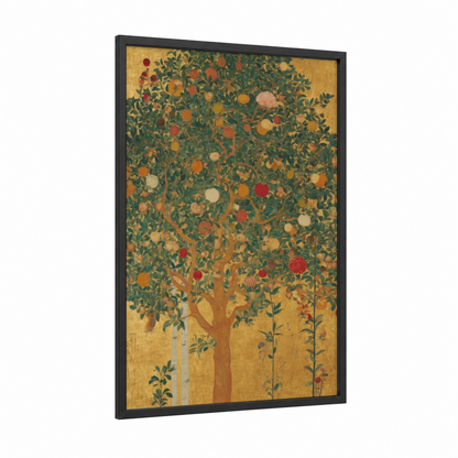 Orchard Abundance Tree framed christian symbols print — black wood frame — gold and true green palette