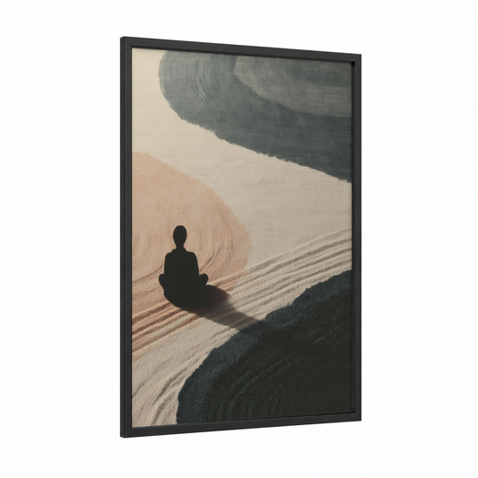 Meditative Yoga Serenity framed fitness yoga print — black wood frame — beige and gray palette