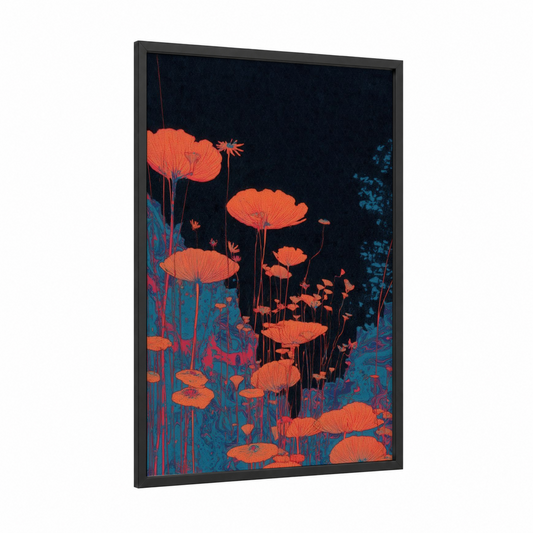 Neon Poppy Garden framed magic and witchcraft print — black wood frame — orange and blue palette