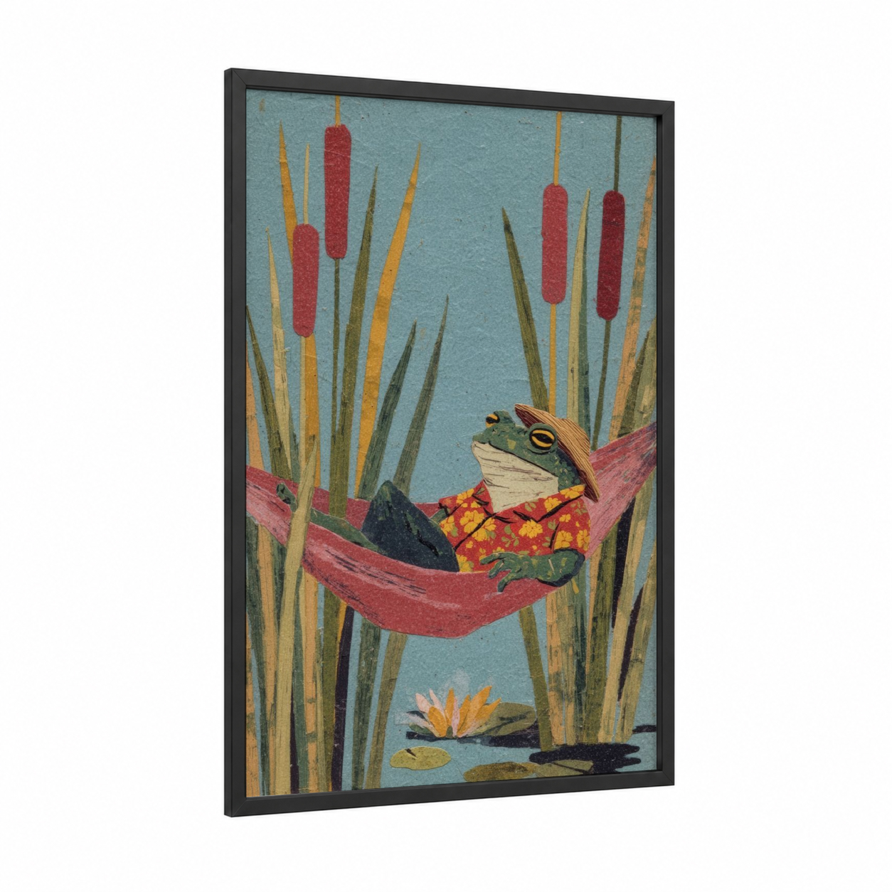 Relaxing Frog framed frogs and toads print — black wood frame — blue and gold palette