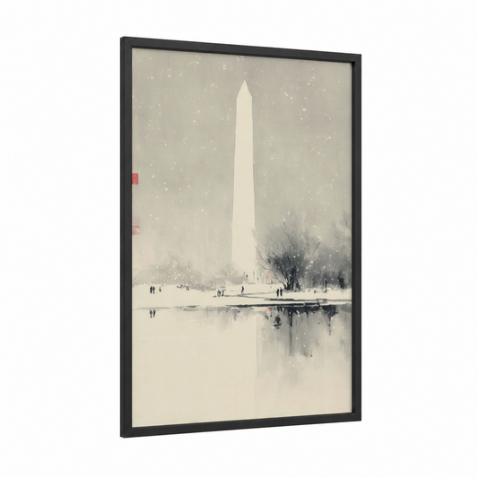 Snowy Monument framed washington monument print — black wood frame — cream and gray palette