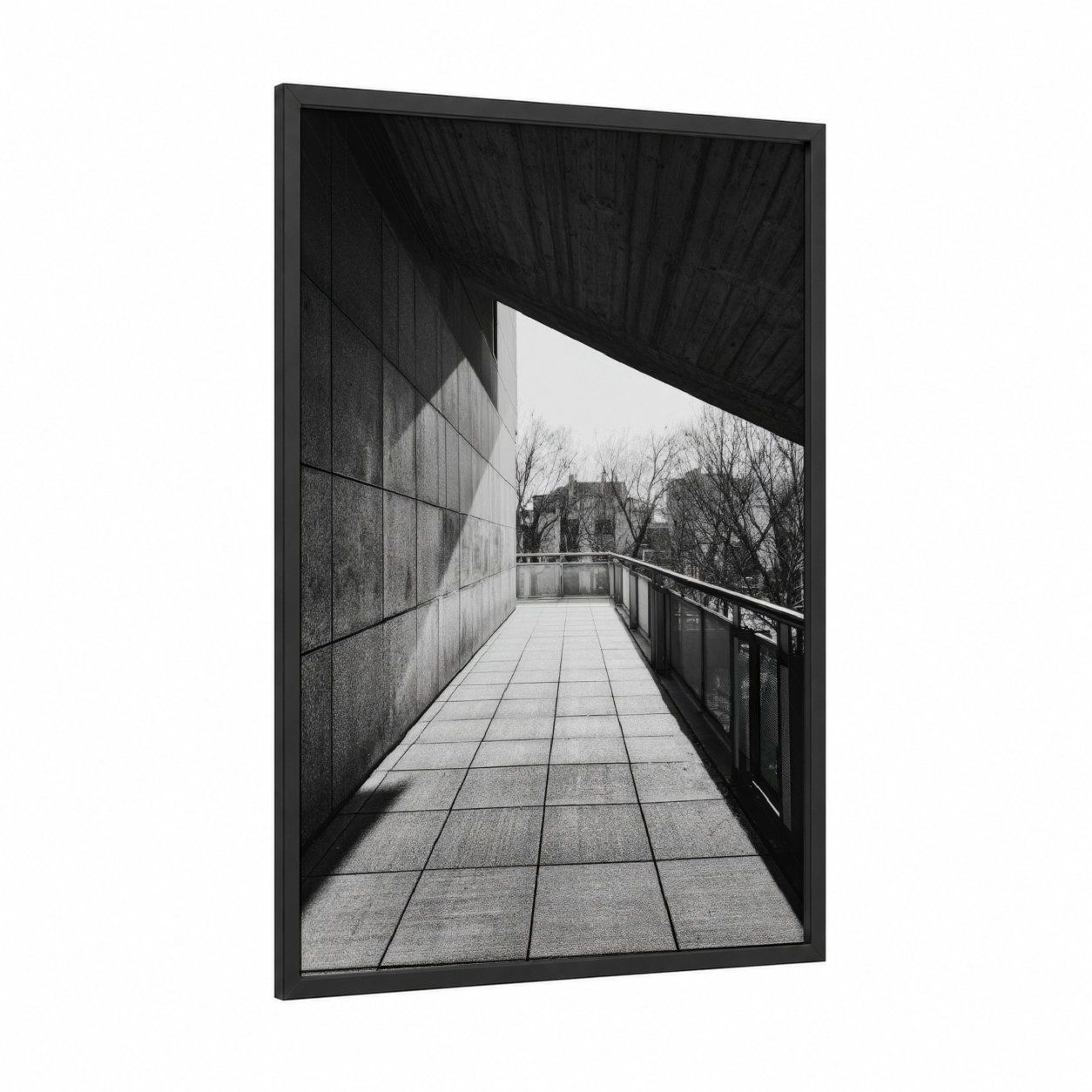 Brutalist Passage framed abstract architecture print — black wood frame — black and white palette