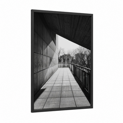 Brutalist Passage framed abstract architecture print — black wood frame — black and white palette