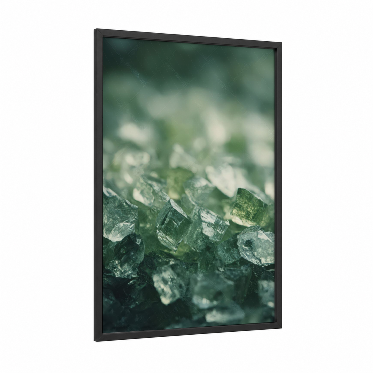 Emerald Glass Shards framed glassworking print — black wood frame — dark green and white palette