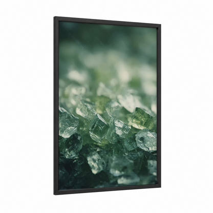Emerald Glass Shards framed glassworking print — black wood frame — dark green and white palette
