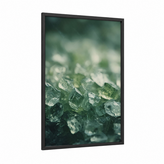 Emerald Glass Shards framed glassworking print — black wood frame — dark green and white palette