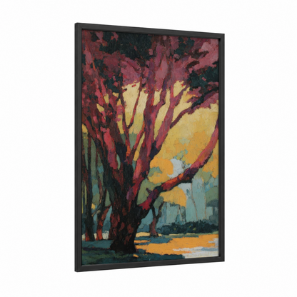 Crimson Banyan framed banyan tree print — black wood frame — maroon and yellow gold palette