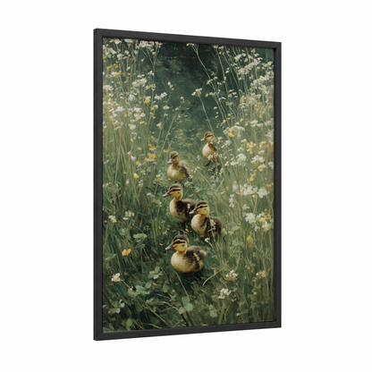 Meadow Ducklings framed ducks print — black wood frame — dark green and cream palette