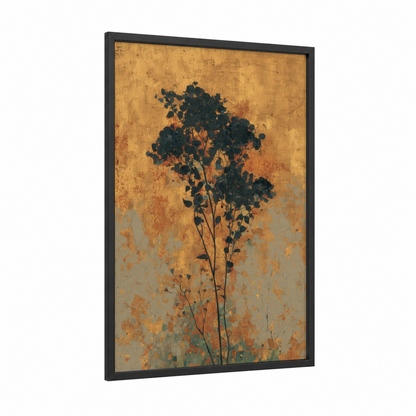 Weathered Juniper framed juniper tree print — black wood frame — mustard and dove gray palette