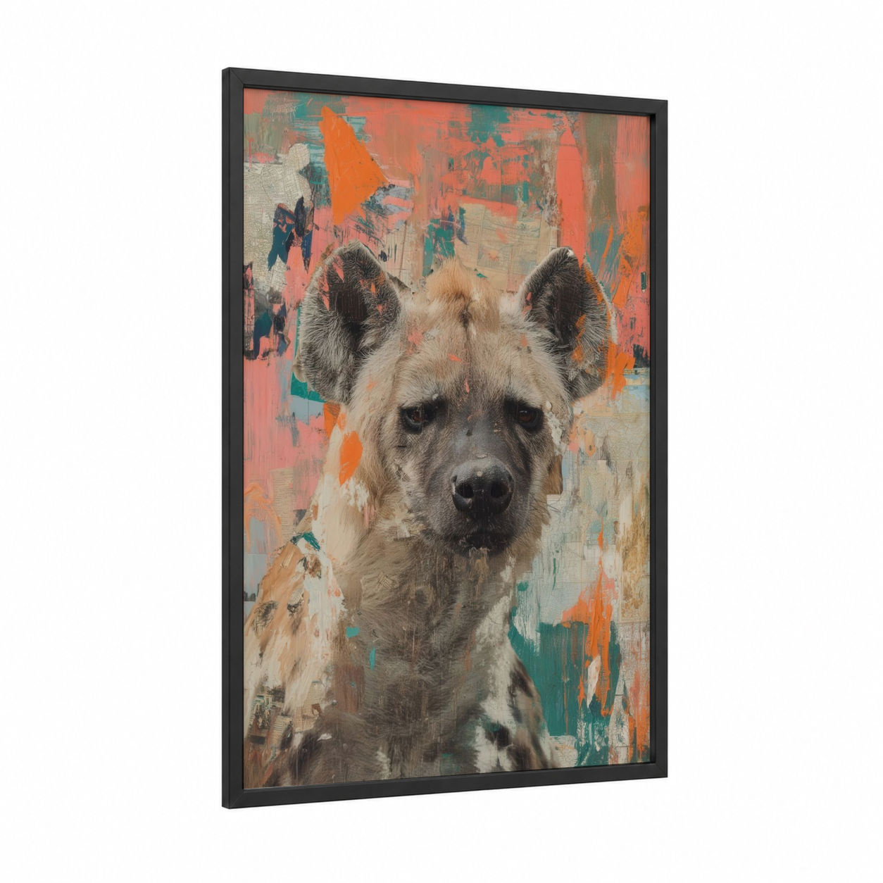 Painted Hyena framed art print — black wood frame — orange and teal palette