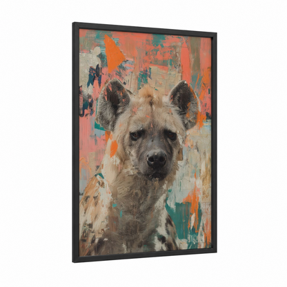 Painted Hyena framed art print — black wood frame — orange and teal palette