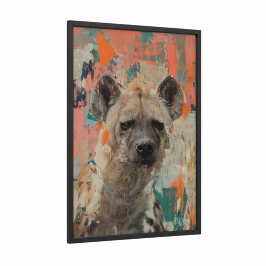 Painted Hyena framed art print — black wood frame — orange and teal palette