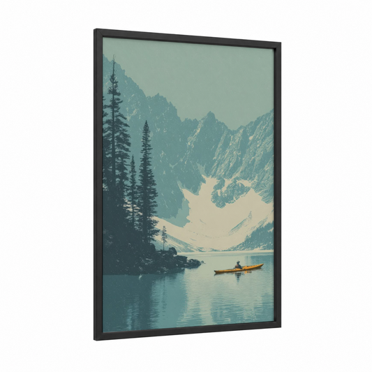 Alpine Lake Kayaking framed canoeing and kayaking print — black wood frame — teal and cream palette