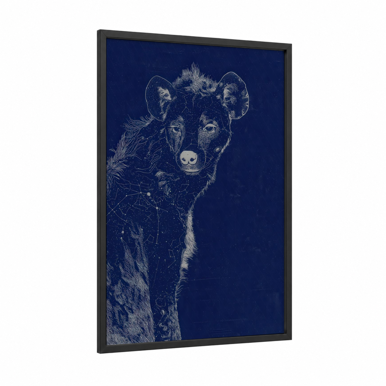 Celestial Hyena framed art print — black wood frame — dark blue and white palette