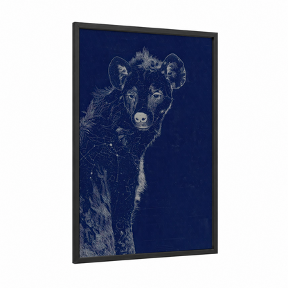 Celestial Hyena framed art print — black wood frame — dark blue and white palette