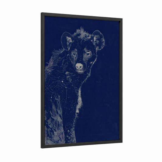 Celestial Hyena framed art print — black wood frame — dark blue and white palette