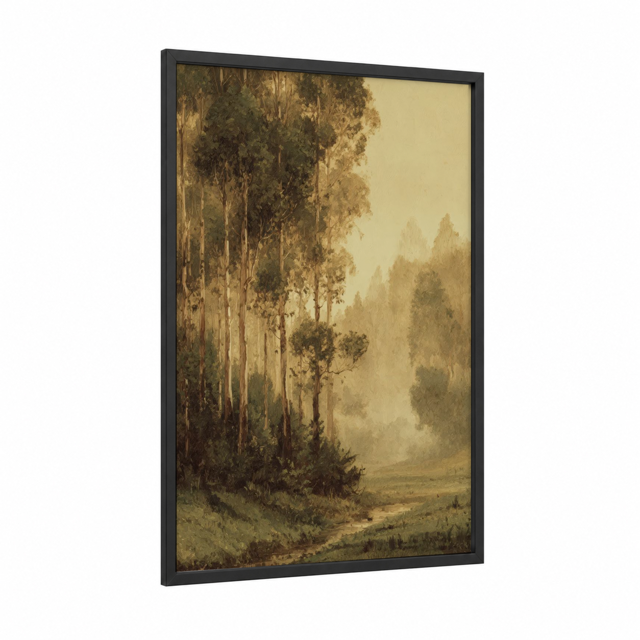 Misty Eucalyptus Forest framed art print — black wood frame — gold and olive palette