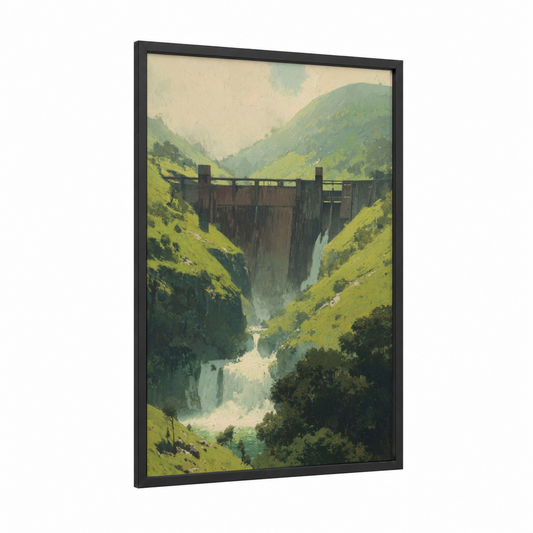 Alpine Dam Valley framed art print — black wood frame — light green and cream palette