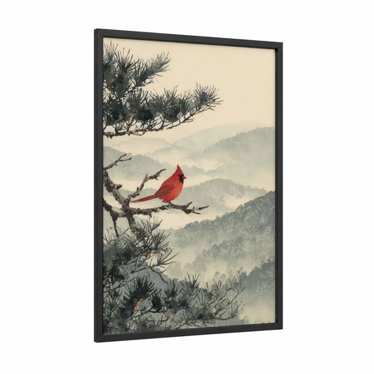 Cardinal Morning Mist framed blue ridge mountains print — black wood frame — red and gray palette